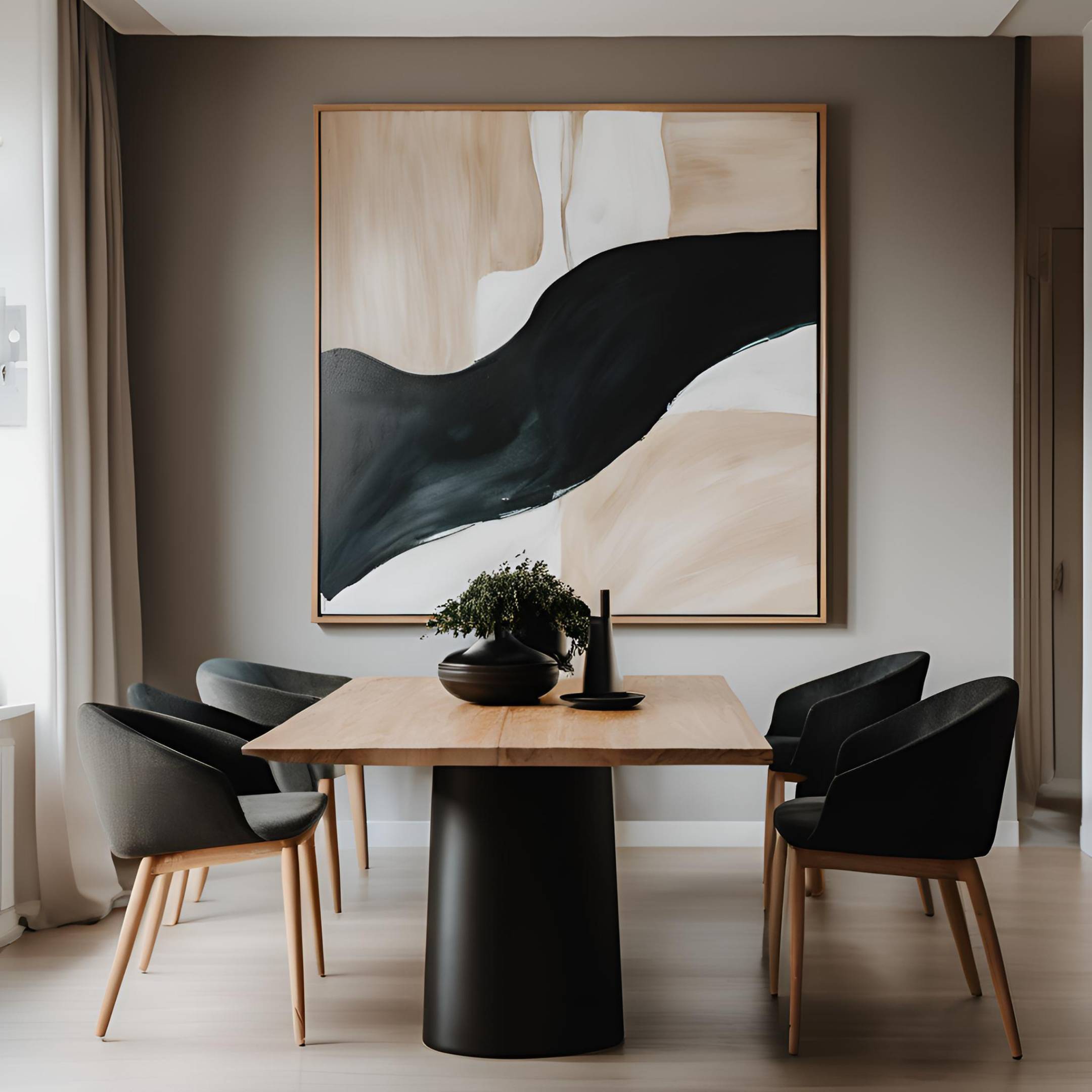 Dunkles, modernes Esszimmer mit abstraktem Bild, Massivholztisch und Stühlen aus schwarzem Samt